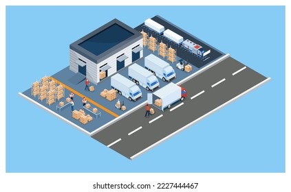 3D isometrisches Lager Logistikkonzept mit ArbeiterInnen laden Produkte auf den LKW, Transport Service, Export, Import, Gabelstapler, Paletten, Kartons. Vektorgrafik EPS10