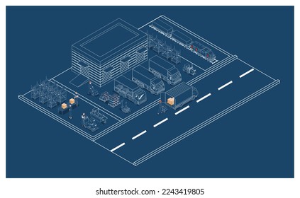 3D isometrisches Lager Logistikkonzept mit ArbeiterInnen laden Produkte auf den LKW, Transport Service, Export, Import, Gabelstapler, Paletten, Kartons. Vektorgrafik EPS10