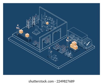 3D isometric Warehouse Logistic concept with Workers loading products on the trucks, Transportation operation service, Export, Import, forklift, pallets, cardboard boxes. Vector illustration EPS 10