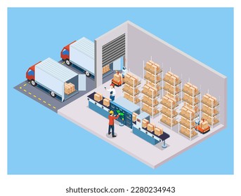 3D isometric Warehouse Logistic concept with Workers loading products on belt conveyor, Transportation operation service, Logistics management. Vector illustration EPS 10