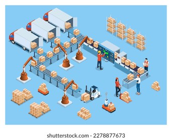 3D isometric warehouse simulation and Smart warehouse technology Concept with Automation System and Robot Transportation operation service. Vector illustration EPS 10