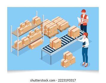 3D isometric warehouse worker concept with Workers scanning and checking goods on storage racks, transportation operation service, export, import. Vector illustration EPS 10