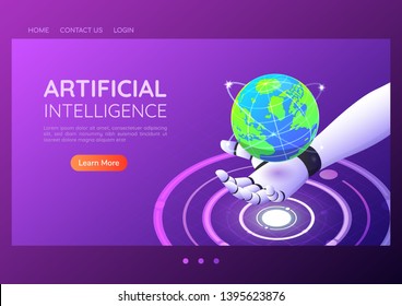 3d isometric web banner ai robotic hand holding virtual digital world. Artificial intelligence and technology landing page concept.