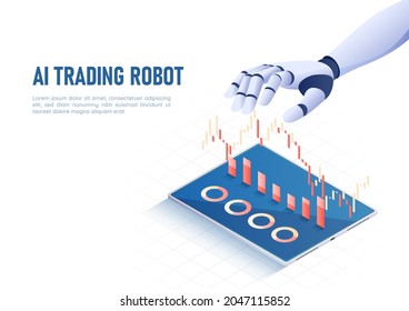 3d Isometric Web Banner AI Artificial Intelligence Hand Contoling Stock Market Graph and Chart. AI Artificial Intelligence Analysis Technology and Machine Learning Concept.