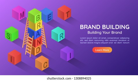 3d isometric web banner alphabet block combined a BRAND word in a row. Brand building concept landing page.