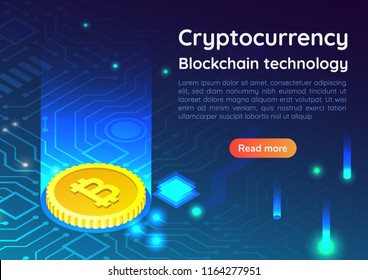 3d isometric web banner bitcoin on circuit board. Digital money mining. Cryptocurrency and blockchain investment landing page concept.