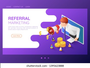 3d isometric web banner businessman come out from monitor and shout through megaphone. Referral marketing and Digital business advertising landing page concept.