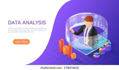 3d isometric web banner businessman on tablet with virtual analytical business reports. Data analysis landing page concept.