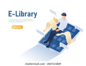 3d Isometric Web Banner Businessman Reading Book on Digital Tablet. Online Library and E-book Concept.