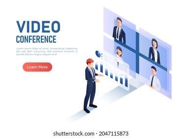 3d Isometric Web Banner Businessman Discussing Financial Analysis Chart While Video Conference Meeting with Colleagues. Work Form Home Video Conference and New Normal Online Meeting Concept.