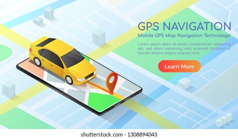 3d isometric web banner car with gps map navigation application on smartphone. Mobile gps map navigation technology concept landing page.