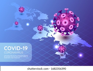 3d isometric web banner covid-19 virus or coronavirus outbreak in 2020 with world map. COVID-19 virus pandemic concept.