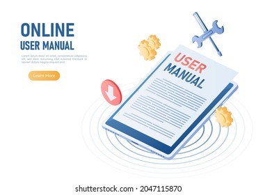 3d Isometric Web Banner Digital Tablet with User Manual Document. Online User Manual or Instruction Book Concept.