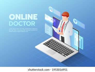 3d Isometric Web Banner Doctor doing Online Diagnose on The Computer Laptop Screen. Online Medical Consultation Concept.