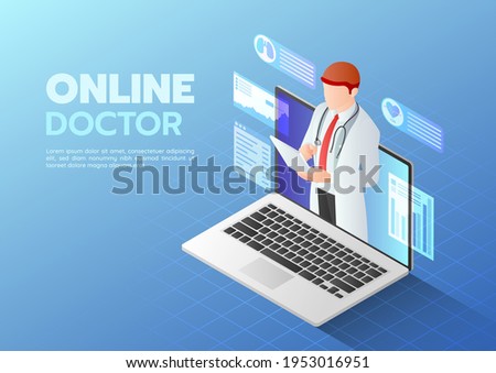3d Isometric Web Banner Doctor doing Online Diagnose on The Computer Laptop Screen. Online Medical Consultation Concept.