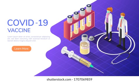 3d médicos con máscaras médicas con COVID-19 o con la vacuna y la jeringa del coronavirus. COVID-19 o concepto de tratamiento y prevención del coronavirus.