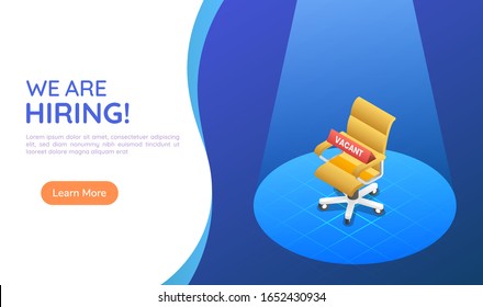 3d isometric web banner ergonomic office chair under the light with a vacancy sign. Business hiring and recruiting landing page concept.