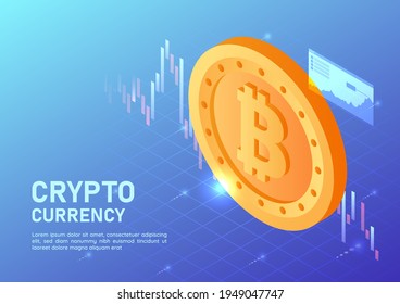 3d Banner Web isométrico Bitcoin dorado con Gráfico de Mercado de Valores Virtual. Concepto de criptodivisa.