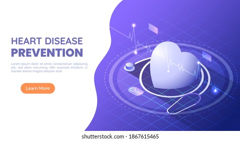 3d Isometric Web Banner Heart with Stethoscope and ECG Heartbeat on Blue and Purple Gradient Background. Heart Disease Prevention or Cardiology and Healthcare Concept.