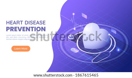 3d Isometric Web Banner Heart with Stethoscope and ECG Heartbeat on Blue and Purple Gradient Background. Heart Disease Prevention or Cardiology and Healthcare Concept.