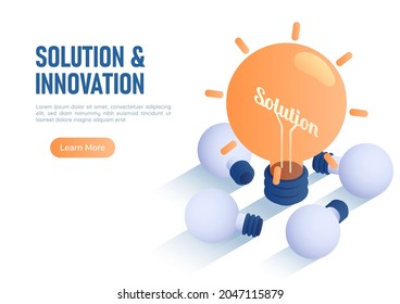 3d Isometric Web Banner Illuminated Light Bulb Among Laying Broken Bulb. Innovation and Solution Concept.