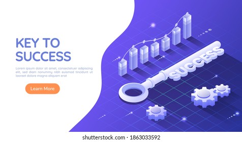 3d Isometric Web Banner Key to Success on Blue Background with Graph and Gear. Concepto clave para el éxito y la solución empresarial.