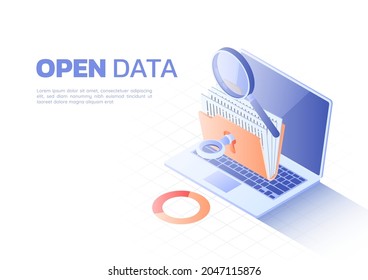 3d Isometric Web Banner Key Unlocked Folder With File And Magnifier On Laptop Monitor. Open Data And Data Analysis Concept.