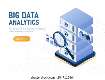 3d Isometric Web Banner Magnifying Glass Scanning Database Server on Computer Chip. Big Data Analytics Concept.