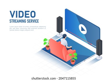 3d Isometric Web Banner Man Watching Online Video Streaming on Digital Tablet. Video Streaming Service Concept.