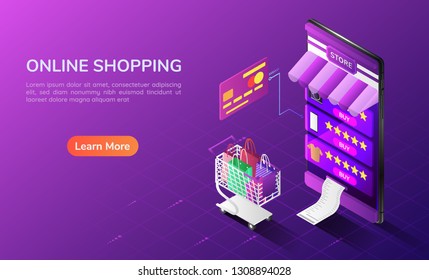 3d isometric web banner online shopping system in the smartphone with cart and credit card. Online shopping concept landing page.