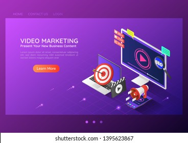 3d Isometric Web Banner Online Video Content Marketing Advertising On Pc Smartphone Laptop. Video Marketing Landing Page Concept.