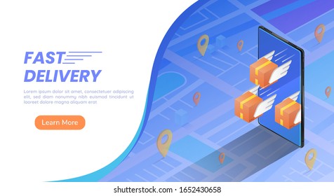 3d isometric web banner parcels box with wings flying forward rapidly from smartphone with pin on the map. Fast and safe delivery services concept.