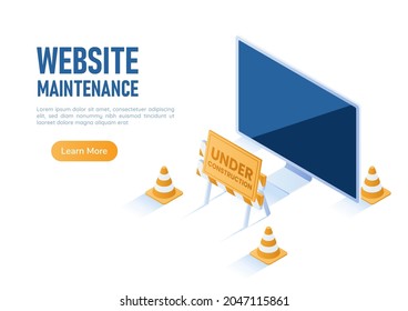 3d Isometric Web Banner PC Monitor with Under Construction Barrier and Traffic Cones. Website Under Maintenance Concept.