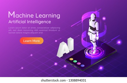 3d isometric web banner personal assistant AI robot on smartphone. Artificial intelligence and machine learning concept landing page.