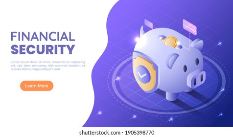 3d Isometric Web Banner Piggy Bank Full Of Money With A Shield On Blue Gradient Background. Financial Security And Money Protection Concept.