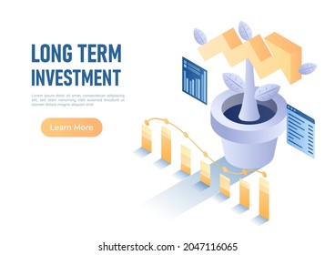 3d Isometrische Web-Banner-Anlage, die wie Wachstumsbogen Graph aufwächst. Langfristiges Investitionskonzept.