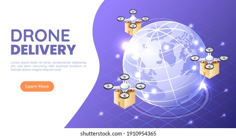 3d Isometric Web Banner Quadcopter or Drone Flying and Carrying a Package to Delivery Around The World. Drone Delivery and Shipment Innovation Concept.