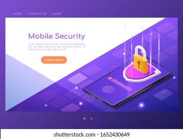 3d isometric web banner shield with lock protection and finger print scan security system on smartphone screen. Smartphone security system and data protection concept.