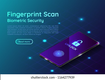 3d isometric web banner smartphone with fingerprint scaning system. Biometric authentication methods and security system on mobile device landing page concept.