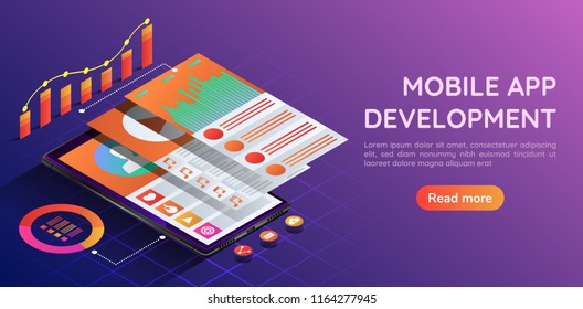 3d Isometric Web Banner Smartphone With Mobile Application User Interface And Navigation Layer Screen. Mobile Application Development Landing Page Concept.