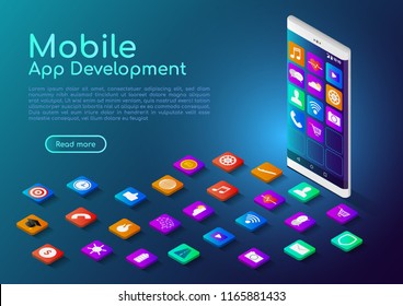 3d Isometric Web Banner Smartphone With Mobile App Icon. Mobile Application Development Landing Page Concept.