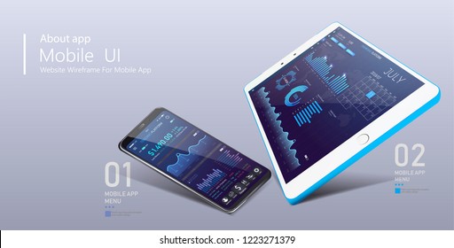 3d isometric web banner smartphone, tablet with mobile. Clean Mobile UI Design Concept. Trendy Mobile Banking.