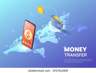 3d Isometric Web Banner Smartphone Transferring Money Over World Map. Online Money Transfer Concept.