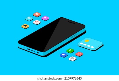 3d isometric web banner smartphone with mobile app icon. Vector illustration of mobile application development