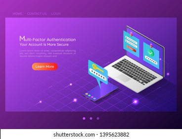 3d Isometric Web Banner Two Steps Verification System On Laptop And Smartphone. Duo Authentication And Internet Security Landing Page Concept.