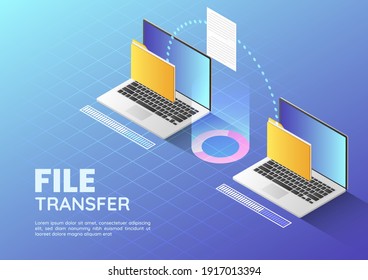 3d Isometric web banner Two Laptop Transfer Files and Organize Folder. File Sharing and Document Management Concept Llanding Page.