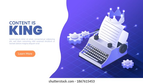 3d Isometric Web Banner Typewriter with A Crown and Paper Sheet on Blue Gradient Background. Content Is King and Marketing Concept.