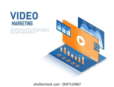 3d Isometric Web Banner Video with Play Button and Data Analysis on Tablet. Video Marketing Concept