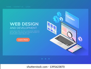 3d isometric web banner website development and application interface design on laptop. Web development and application design concept.