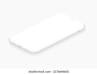 3d isometric white mobile phone mockup vector illustration. Realistic minimalist demo presentation, perspective view of new smartphone with shadow, modern digital device with empty screen background